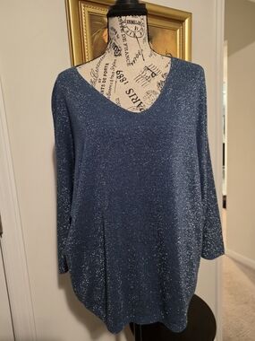 Sparkle V-Neck Knit Top in Blue. Made In Italy